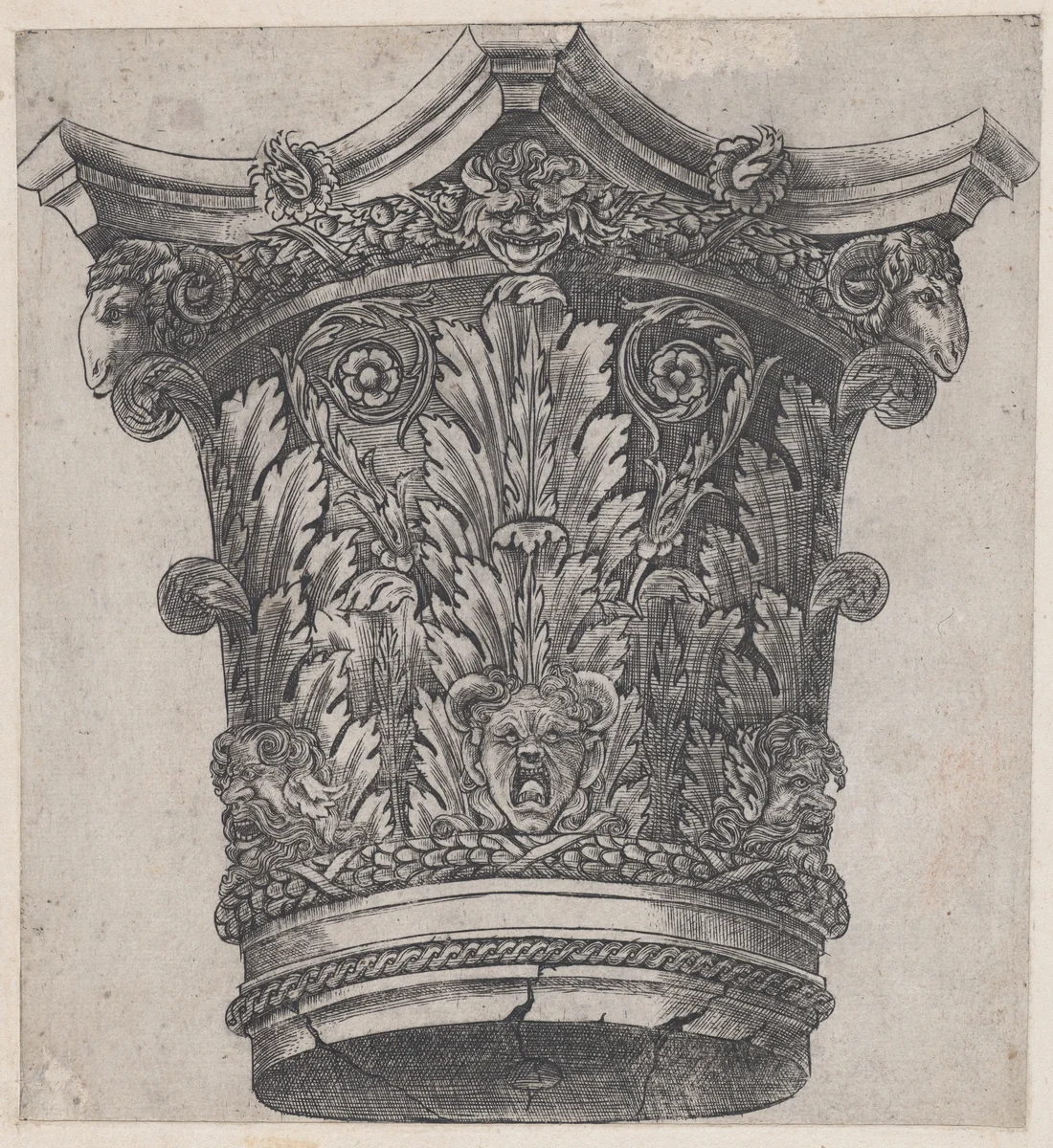Capital with ram heads and masks, from "Speculum Romanae Magnificentiae" by Monogrammist G.A. with the Caltrop, print, 1534-1540