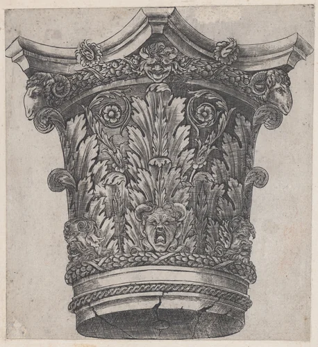 Capital with ram heads and masks, from "Speculum Romanae Magnificentiae" by Monogrammist G.A. with the Caltrop, print, 1534-1540