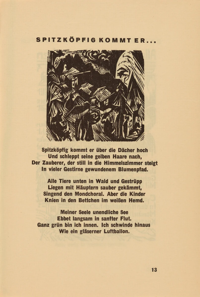 Spitzköpfig Kommt Er... (With a Pointed Head He Rises) (headpiece, page 13) from Georg Heym: Umbra Vitae (Georg Heym: The Shadow of Life) by Ernst Ludwig Kirchner, volume, 1924