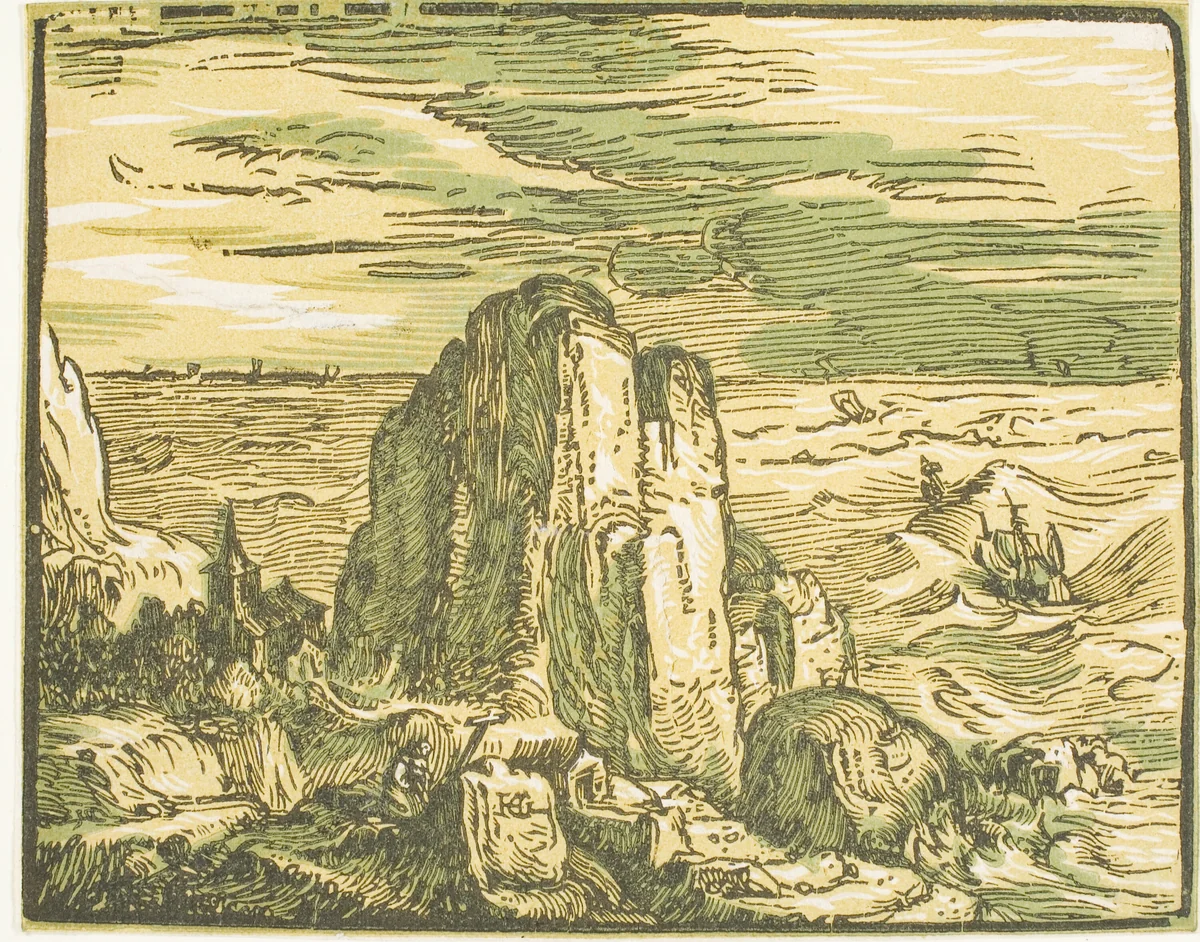 Cliff on a Seashore, from Four Small Landscapes by Hendrick Goltzius, print, 1597-1600