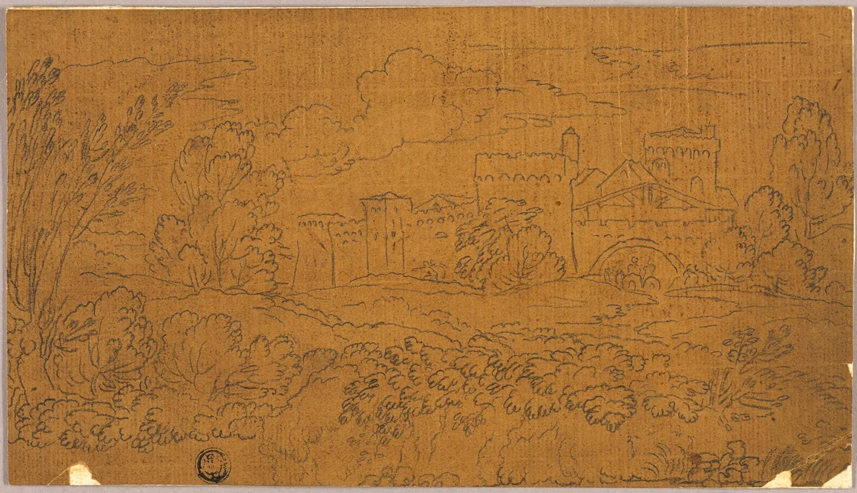 Landscape with Walled Town by Claude Lorrain, drawing, 1620-1786