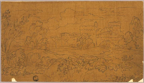 Landscape with Walled Town by Claude Lorrain, drawing, 1620-1786