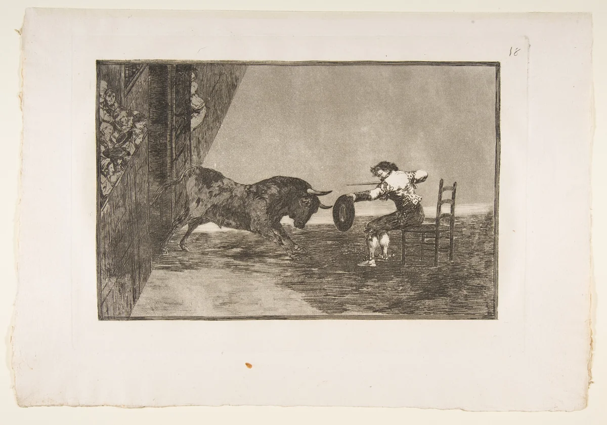 Plate 18 of "La 'Tauromaquia": The daring of Martincho in the ring at Zaragoza by Goya, print, 1816