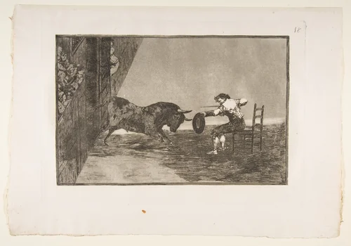 Plate 18 of "La 'Tauromaquia": The daring of Martincho in the ring at Zaragoza by Goya, print, 1816