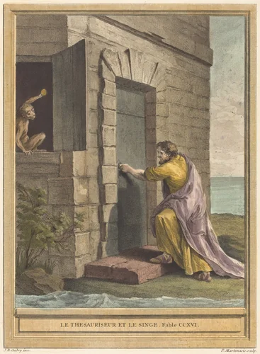 Le thesauriseur et la singe (The Miser and the Monkey) by Pierre Francois Martenasie; Jean-Baptiste Oudry, print, 1759