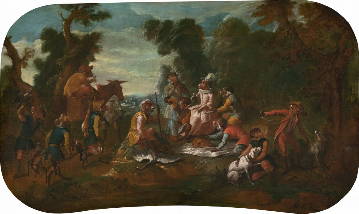 Singerie: The Picnic by Christophe Huet, painting, 1739