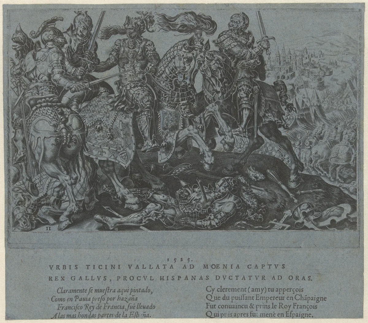 Gevangename van Frans I tijdens de slag van Pavia by Unknown, print, 1555-1556