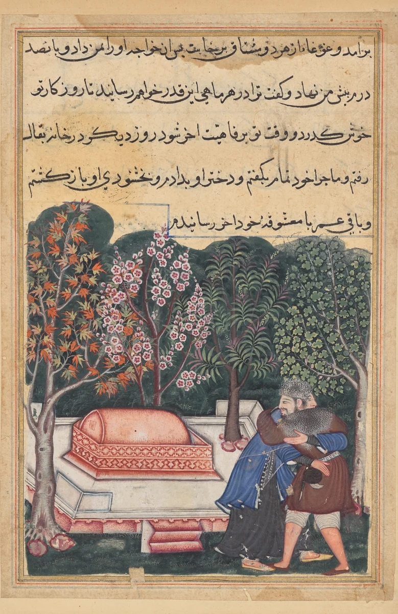 The young man of Baghdad reunited with his slave-girl, from a Tuti-nama (Tales of a Parrot): Forty-eighth Night by Unknown, painting, 1555-1565