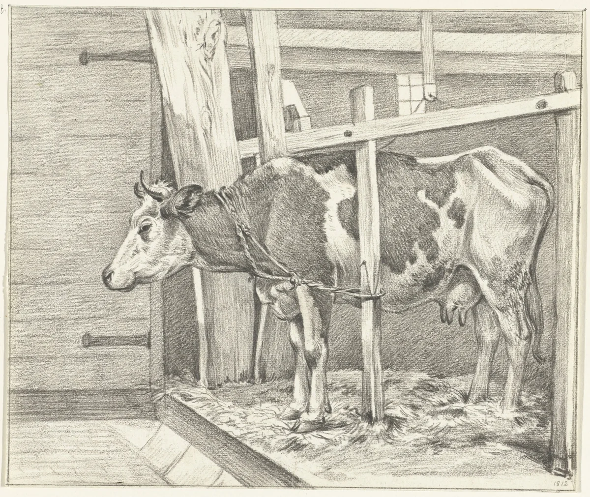 Staande koe in de stal by Jean Bernard, drawing, 1812