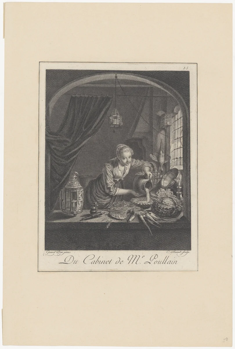 Milkmaid after the painting of G.Dou in the Cabinet of Mr. Poullain by Gerrit Dou, print, 1630-1675