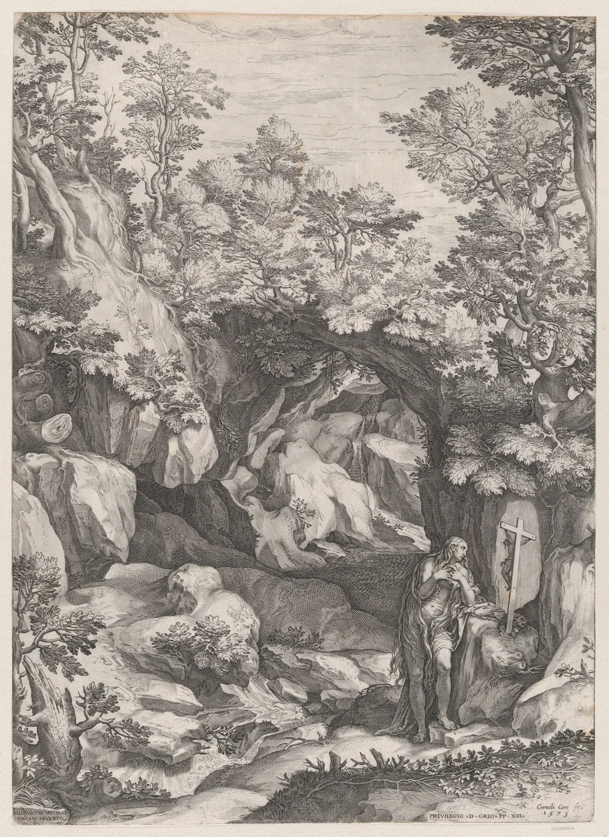 Mary Magdalen Repentant in the Wilderness by Cornelis Cort, print, 1573