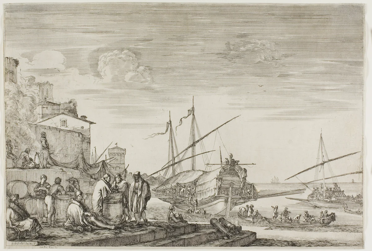 Houses Overlooking a Port, from Views of the Port of Livorno by Stefano della Bella, print, 1654-1655