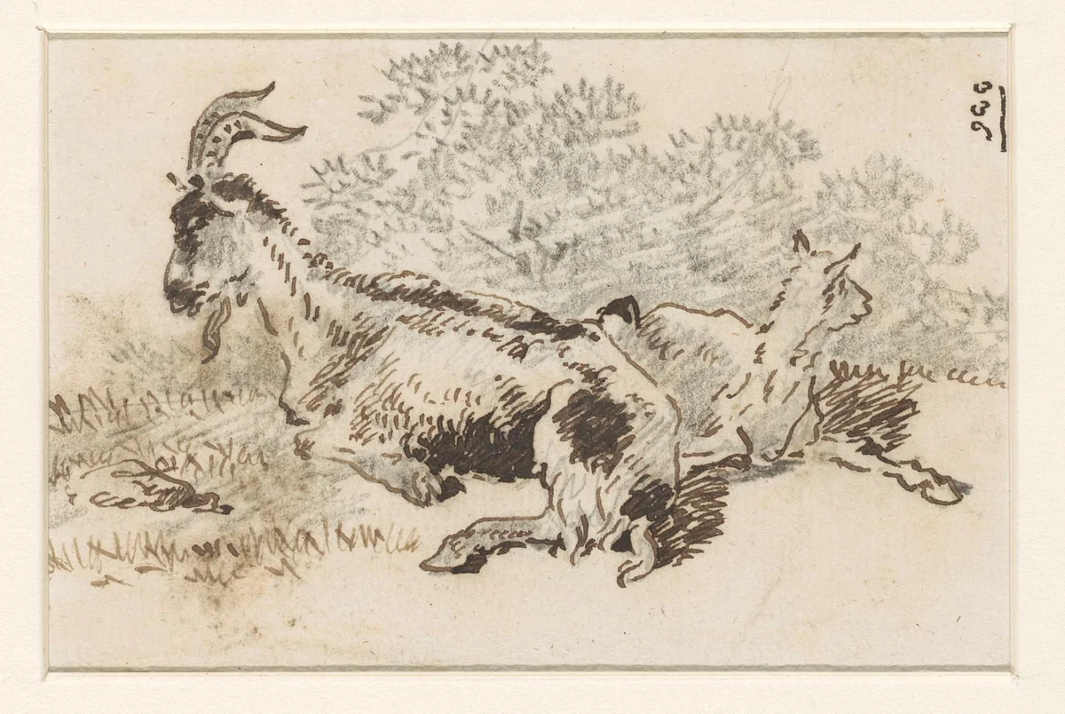 Geit en jong in een landschap by David de Sandoz-Rollin, drawing, 1750-1809