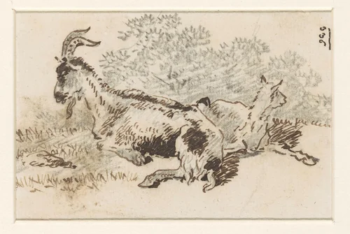 Geit en jong in een landschap by David de Sandoz-Rollin, drawing, 1750-1809