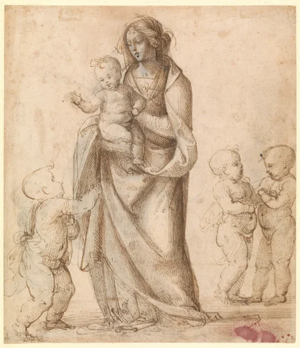 Madonna and Child with the Infant Saint John the Baptist and Two Putti (recto); Madonna and Child with the Infant Saint John the Baptist and a Putto (verso) by Fra Bartolomeo, drawing, 1503-1508