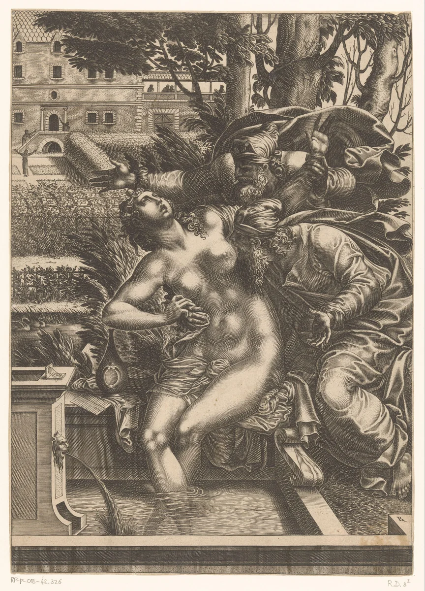 Suzanna en de ouderlingen by Unknown, print, 1535-1598