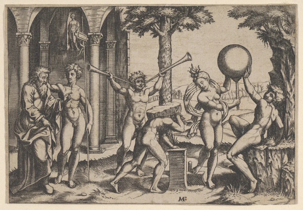 A man with two trumpets in the centre flanked by other figures including an old and a young man at left by anonymous, print, 1515-1525