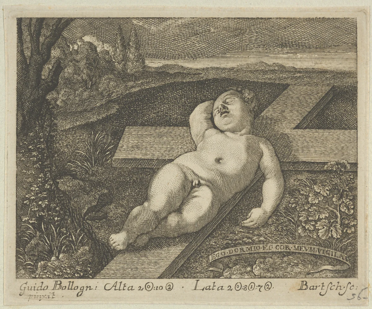 The Christ Child sleeping on a cross in a landscape, after Reni by Johann Gottfried Bartsch, print, 1775-1821
