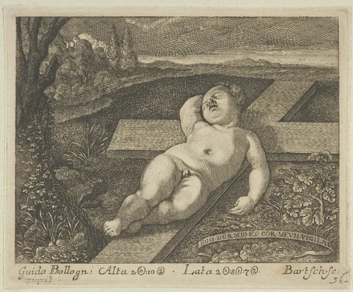 The Christ Child sleeping on a cross in a landscape, after Reni by Johann Gottfried Bartsch, print, 1775-1821