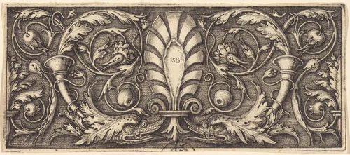 Ornament with Palmette and Two Dophin Heads by Sebald Beham, print, 1540-1545