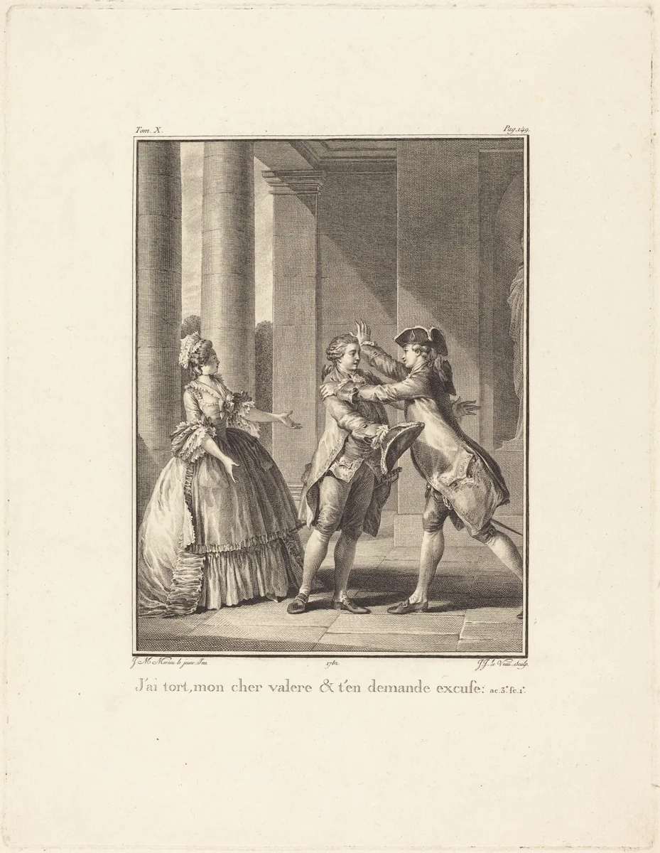 J'ai tort, mon cher Valère, et t'en demande excuse by Jean Jacques Le Veau; Jean-Michel Moreau the Younger, print, 1782