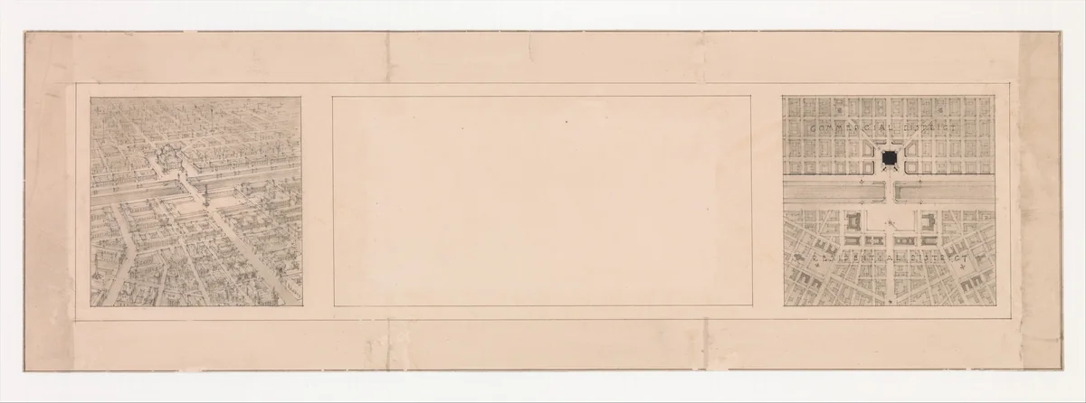 Design and Plan for a City Bisected by Train Tracks by Robert Adams, drawing, 1880-1920