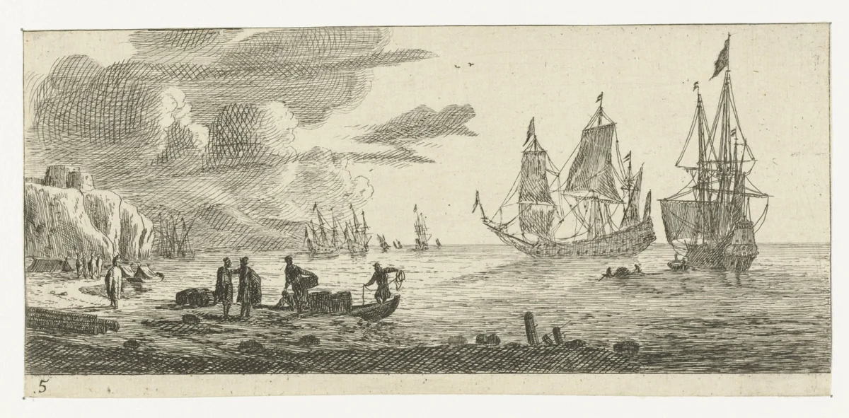 Zeehaven met twee grote zeilschepen by Reinier Nooms, print, 1651-1652