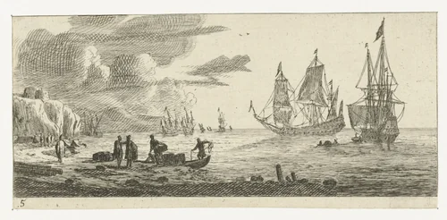 Zeehaven met twee grote zeilschepen by Reinier Nooms, print, 1651-1652