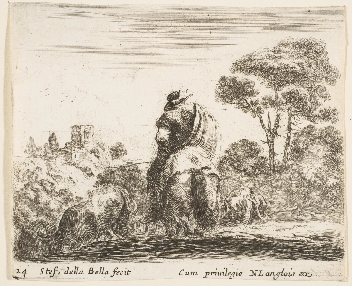 Herdsman atop a horse, seen from behind, leads his cattle down a hill, a tower on a hill to left in the background, plate 24 from "Diversi capricci" by Stefano della Bella, print, 1639-1649