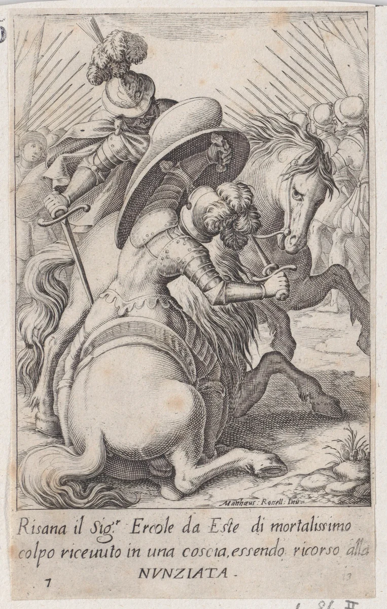 Ercole d'Este, from Scelta d'Alcuni Miracoli e Grazie della Santissima Nunziata di Firenze (Selection of Some Miracles and Graces that Occurred in the Church of the Annunziata in Florence) by Jacques Callot, print, 1611-1619