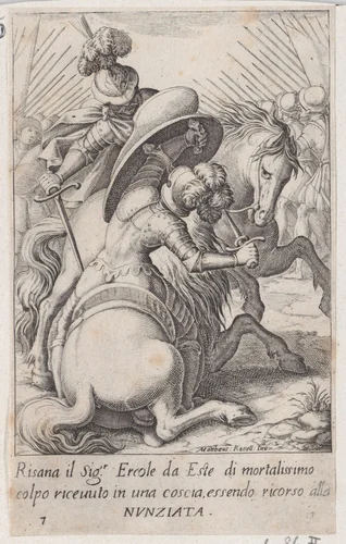 Ercole d'Este, from Scelta d'Alcuni Miracoli e Grazie della Santissima Nunziata di Firenze (Selection of Some Miracles and Graces that Occurred in the Church of the Annunziata in Florence) by Jacques Callot, print, 1611-1619