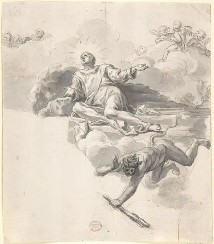 A Saint Triumphant Over the Devil by anonymous, drawing, 1700-1800
