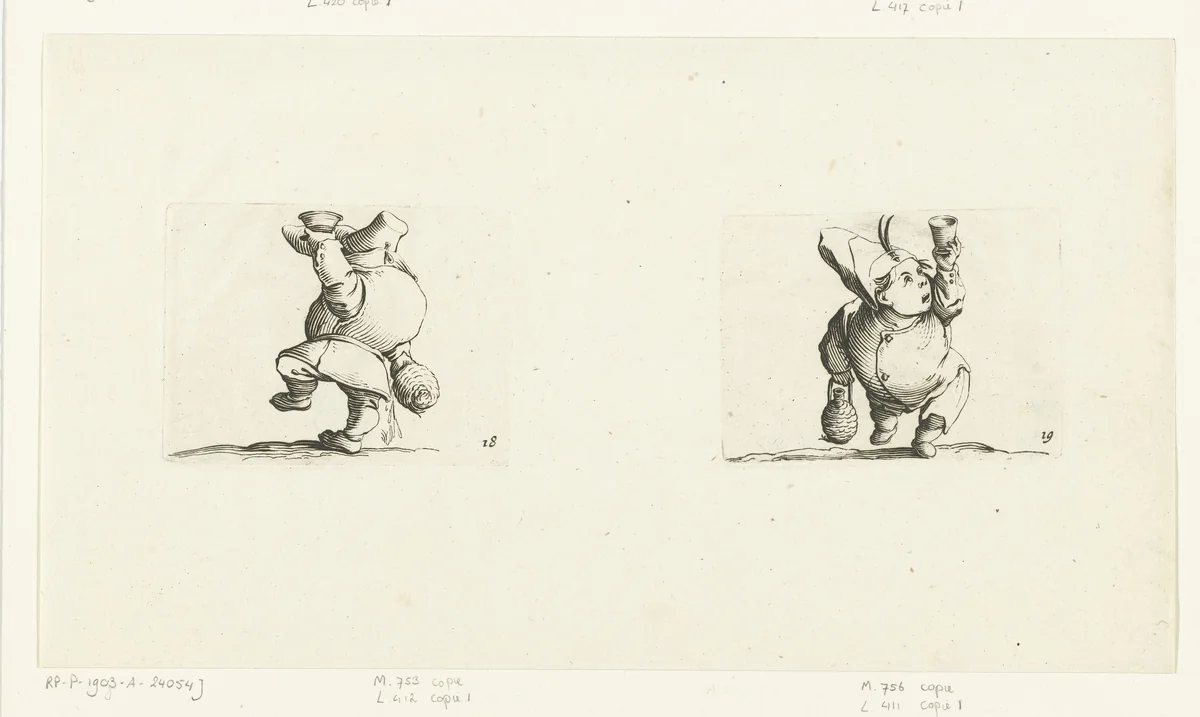 Kleine mens (karikatuur) met fles en glas, drank morsend; kleine mens (karikatuur) met fles en glas by Abraham Bosse, print, 1621-1676