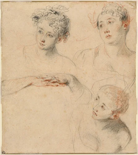 Three Studies of a Woman's Head and a Study of Hands [recto] by Antoine Watteau, drawing, 1718-1719