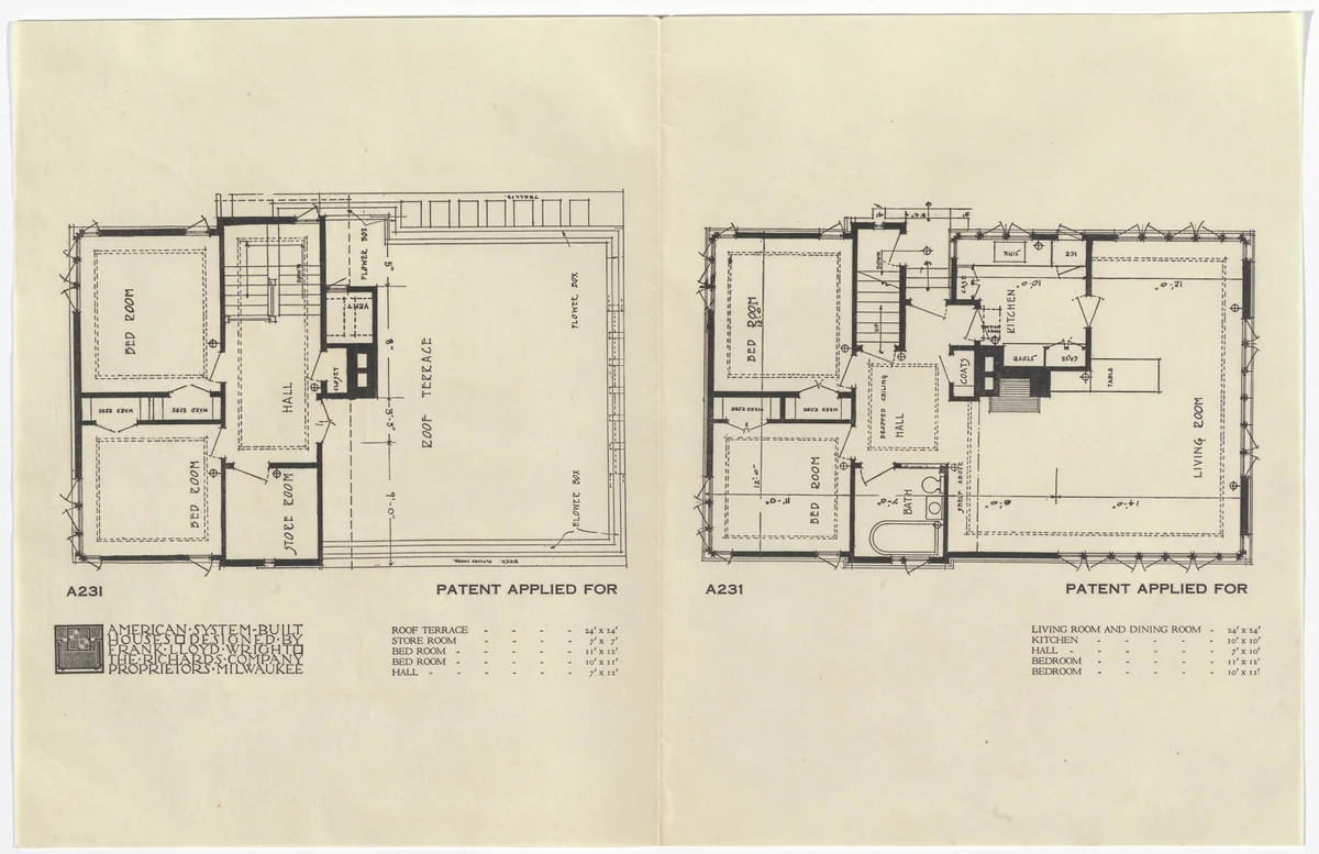 American System-Built Houses for The Richards Company project, Milwaukee, Wisconsin (Plans) by Frank Lloyd Wright, architecture, 1915