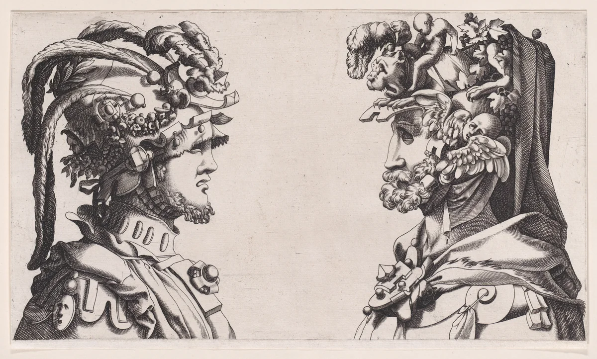 Fantastical Masked Masculine Heads by anonymous, print, 1550-1600