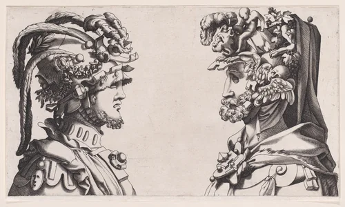 Fantastical Masked Masculine Heads by anonymous, print, 1550-1600