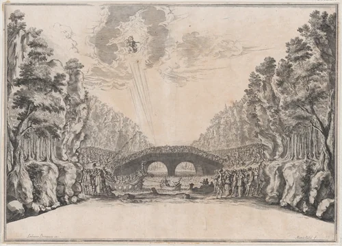 A row boat leading a ship to shore while a large group of figures looks on from the coast and along the bridge at center; a deity appears in the sky at upper left; set design from 'Il Fuoco Eterno' by Mathäus Küsel, print, 1674