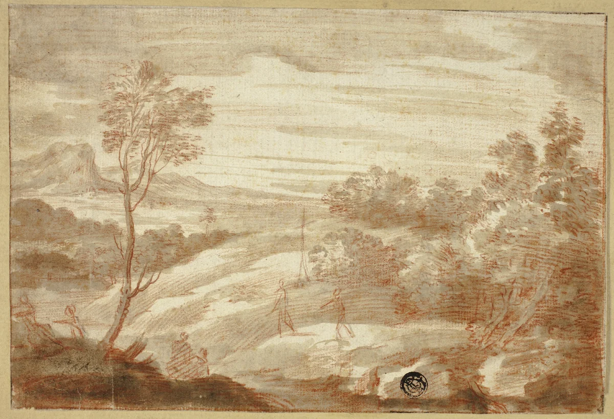 Wooded Landscape with Figures by Unknown Artist, drawing, 1600-1699