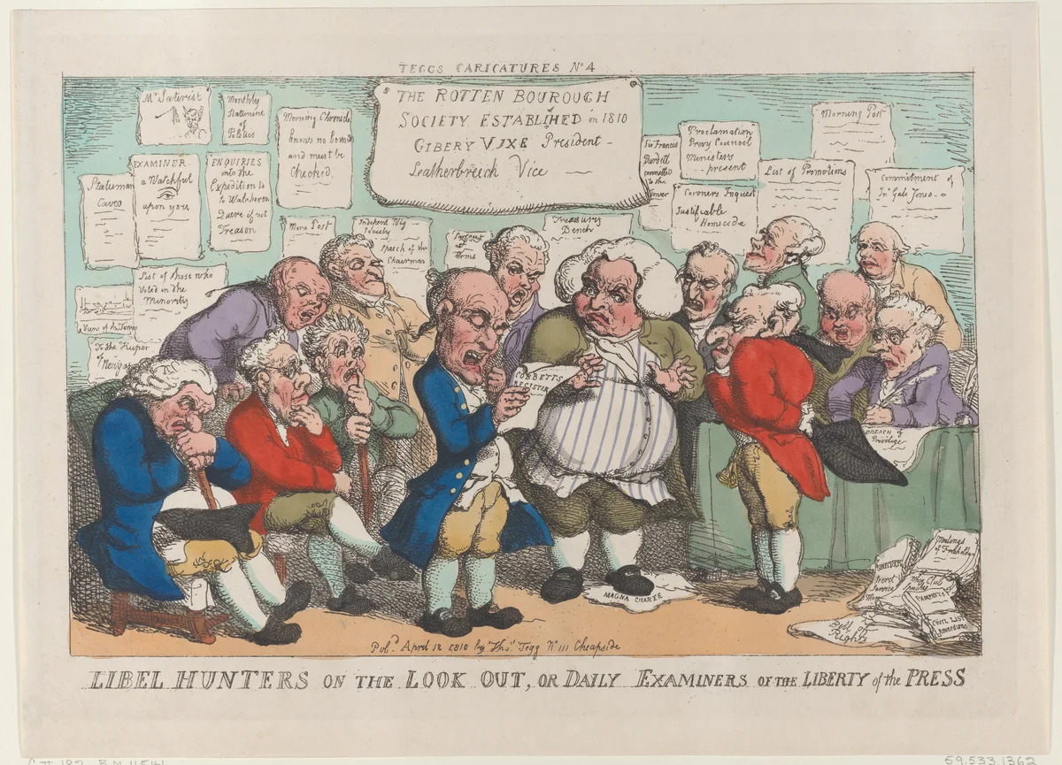 Libel Hunters on the Lookout, or Daily Examiners of the Liberty Press by Thomas Rowlandson, print, 1810