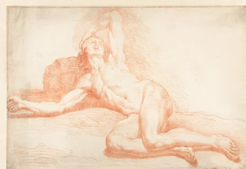 Liggend naakt, het hoofd bij een steen by Bernard Picart, drawing, 1723