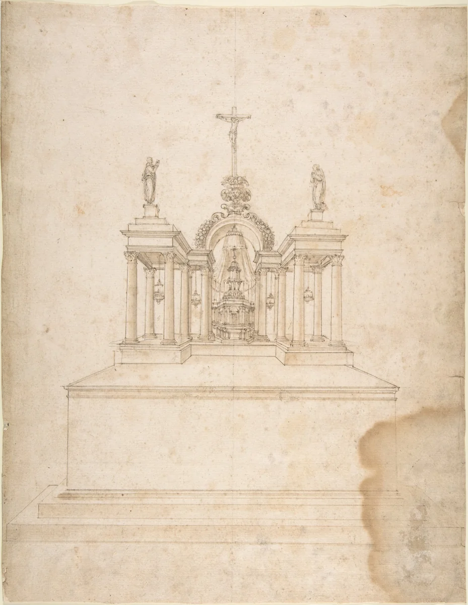 Design for a Tabernacle Surmounted by Christ on the Cross and Praying Figures (the Virgin and Saint John?) by Galeazzo Alessi, drawing, 1512-1572