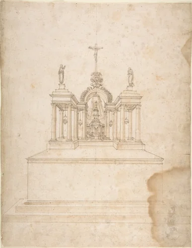 Design for a Tabernacle Surmounted by Christ on the Cross and Praying Figures (the Virgin and Saint John?) by Galeazzo Alessi, drawing, 1512-1572