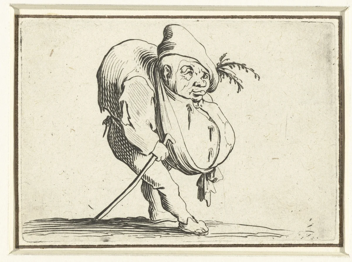 Kleine mens (karikatuur) met wandelstok by Jacques Callot, print, 1621-1625