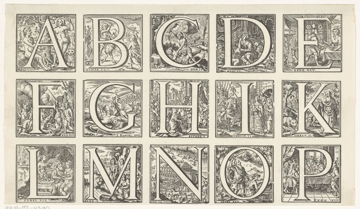Alfabet in een omlijsting met voorstellingen uit het Oude Testament by Jan Christoffel Jegher, print, 1628-1667