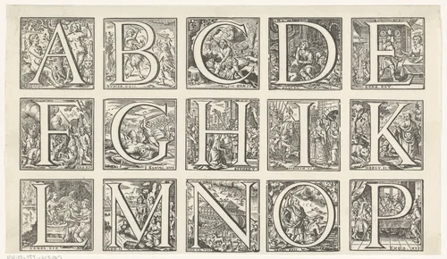 Alfabet in een omlijsting met voorstellingen uit het Oude Testament by Jan Christoffel Jegher, print, 1628-1667