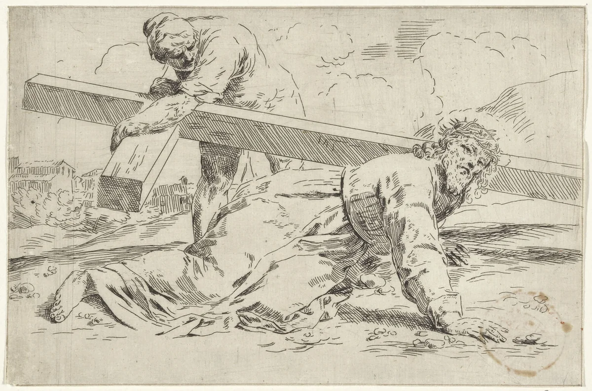 Christus bezwijkt onder het gewicht van het kruis by Simone Cantarini, print, 1622-1648