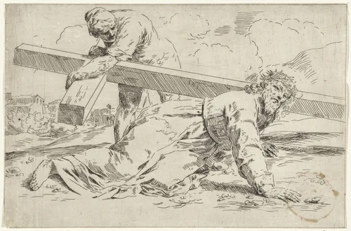 Christus bezwijkt onder het gewicht van het kruis by Simone Cantarini, print, 1622-1648