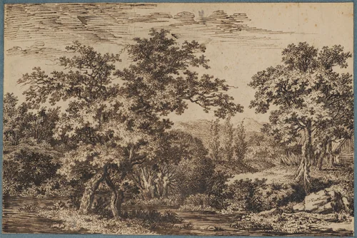 Landscape; a small island with two trees surrounded by water on the left; a tree by a cottage on the right by Carl Wilhelm Kolbe, drawing, 1788-1798