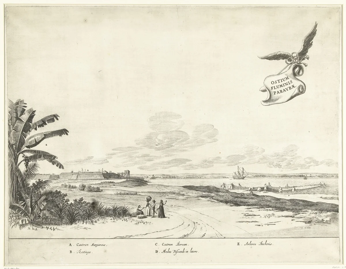 Gezicht op de forten aan de monding van de Paraiba, ca. 1636-1644 by Jan van Brosterhuyzen, print, 1645-1647